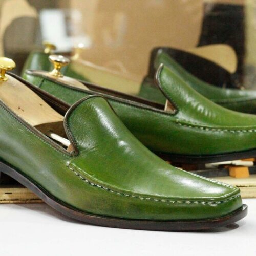 Bespoke Handmade Green Square Toe Leather Party Loafers