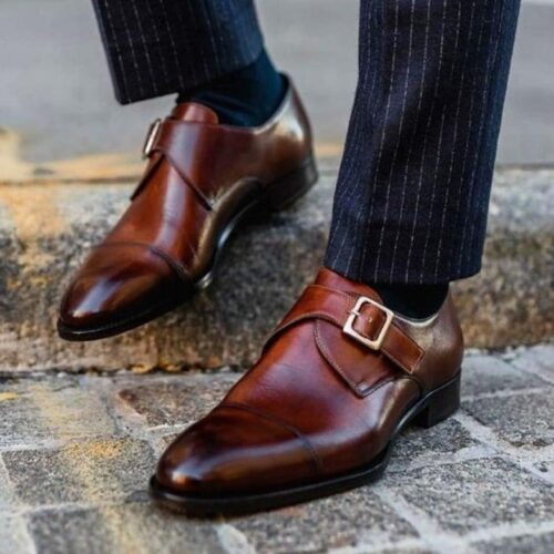 Luxury Handmade Brown Leather Strap Buckle Shoes