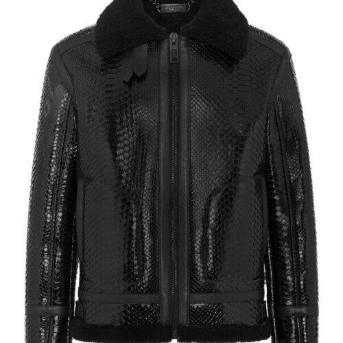 Men’s Black Python Leather Shearling Jacket