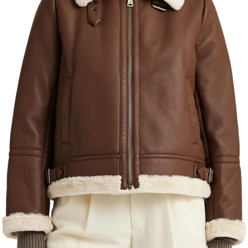 Women’s Brown Shearling Leather Trim Jacket