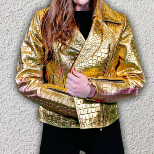 Metallic Gold Crocodile Leather Jacket For Women’s