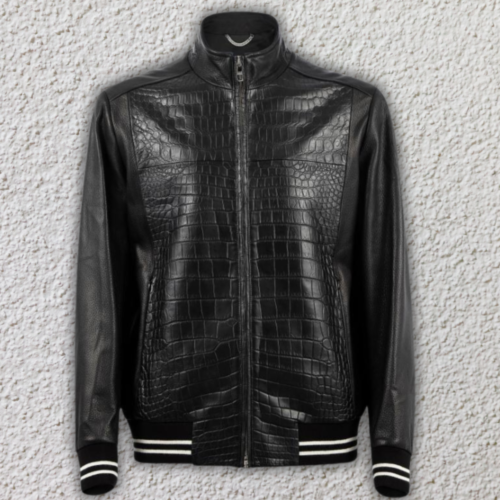 Men’s Crocodile Black Leather Bomber Jacket