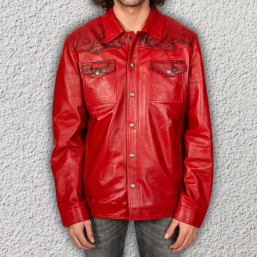 Red Snakeskin Leather Shirt Jacket