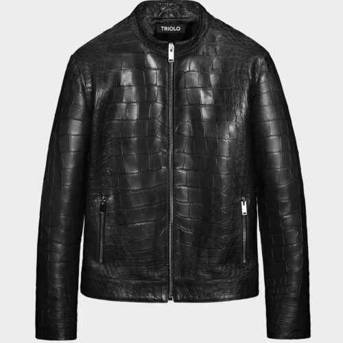 Black Crocodile Leather Jacket For Men