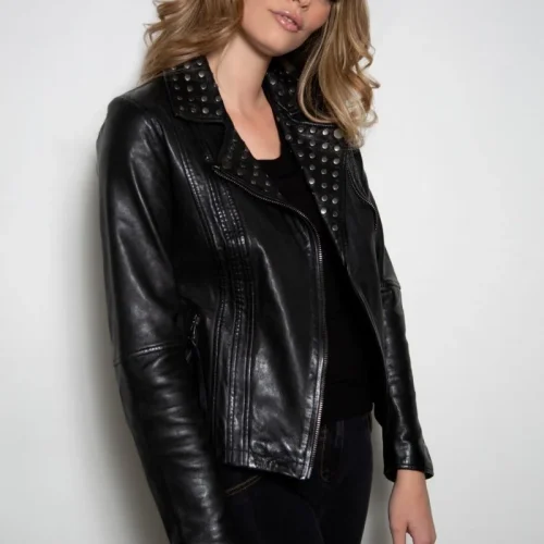 Womens Studded Black Fashion Organic Leather Jacket