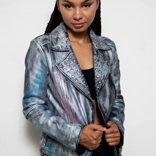 Womens Hand painted Metallic Color Splash Leather Jacket