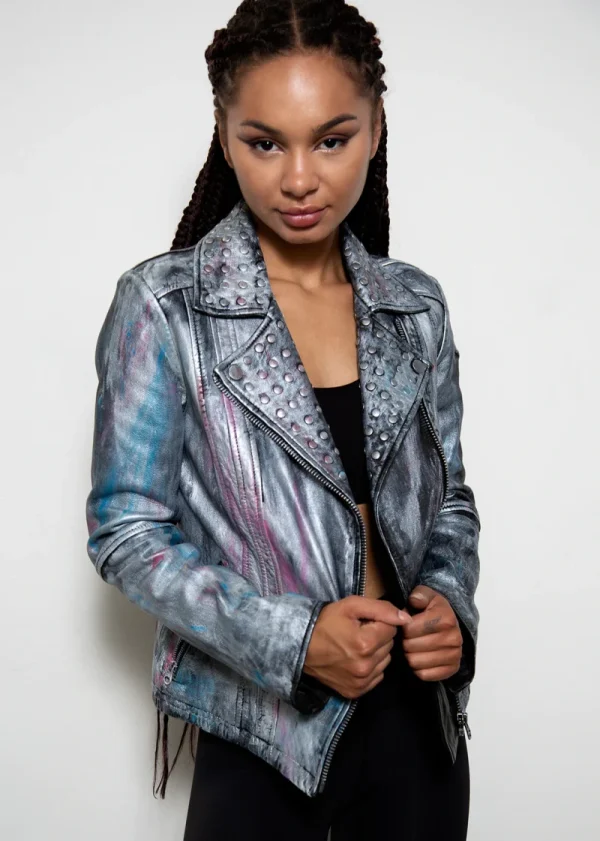 Womens Hand painted Metallic Color Splash Leather Jacket