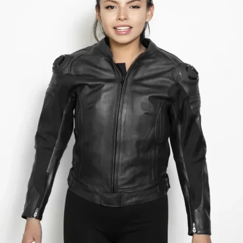 Womens Black Motorcycle Leather Jacket with Armor