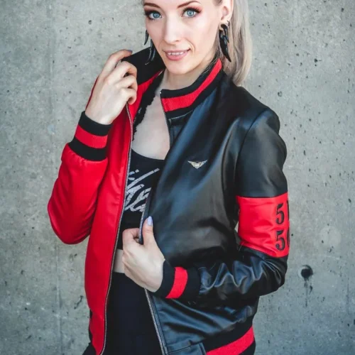 Womens 51 50 Bomber Black and Red Leather Jacket