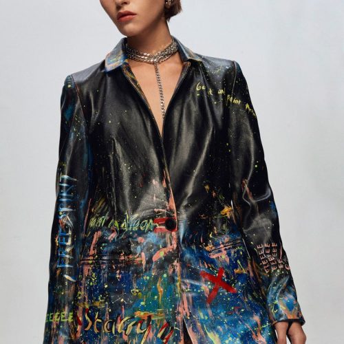 Women Black Leather Blazer with Colorful Hand Painted