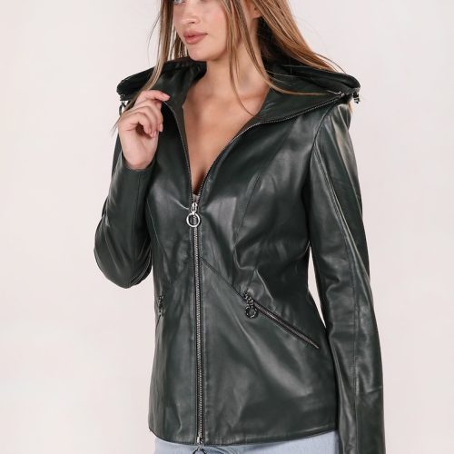 Hooded Khaki Green Leather Jacket For Women